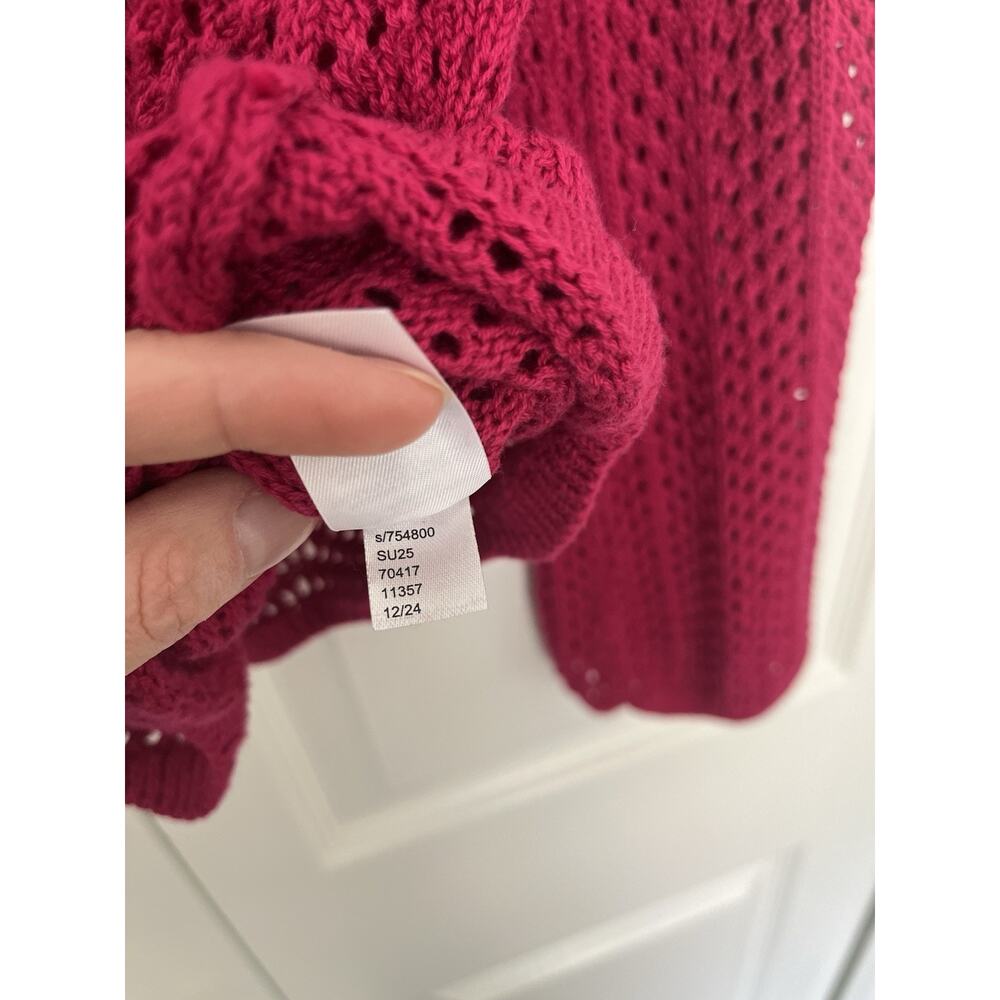 NWT LOFT Scalloped Pointelle Flare Sleeve Sweater In Bright Wine Size Medium - Picture 7 of 7
